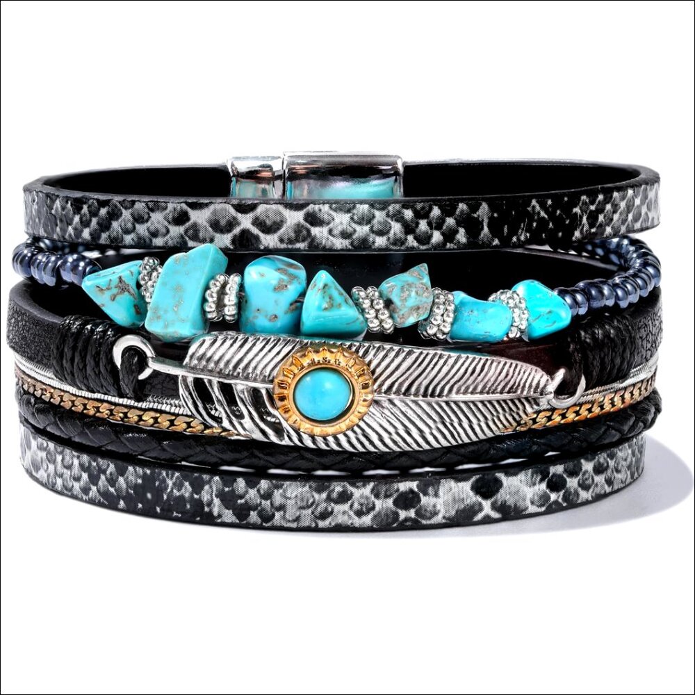 Turquoise Leather Wrap Bracelet Stack with Magnetic Clasp Boho Western